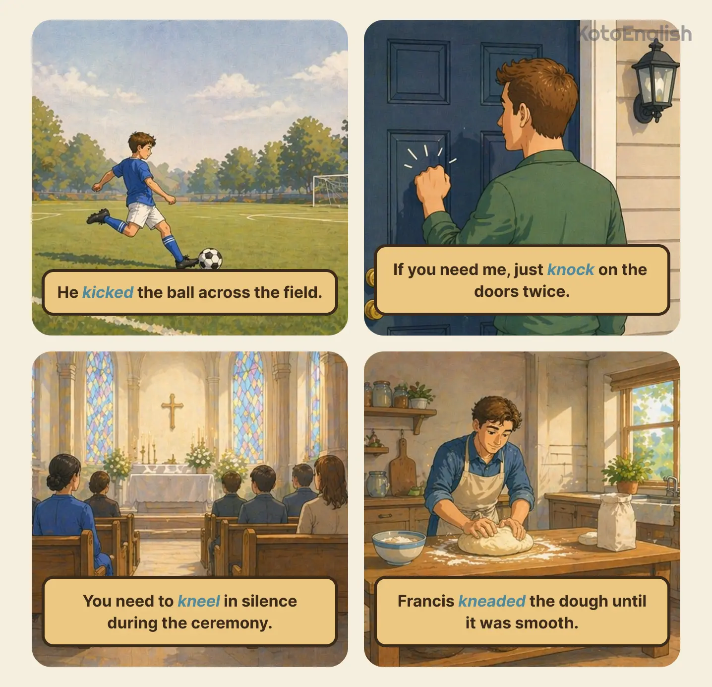 common action verbs that start with k